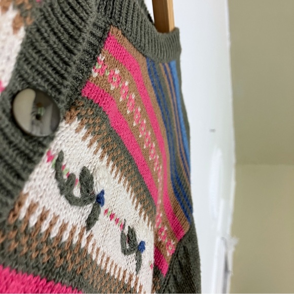 Vintage cottagecore granny cardigan knit green striped cotton multi colour - Picture 4 of 7